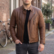 Men's Brown Quilted Leather Biker Jacket — Pilton