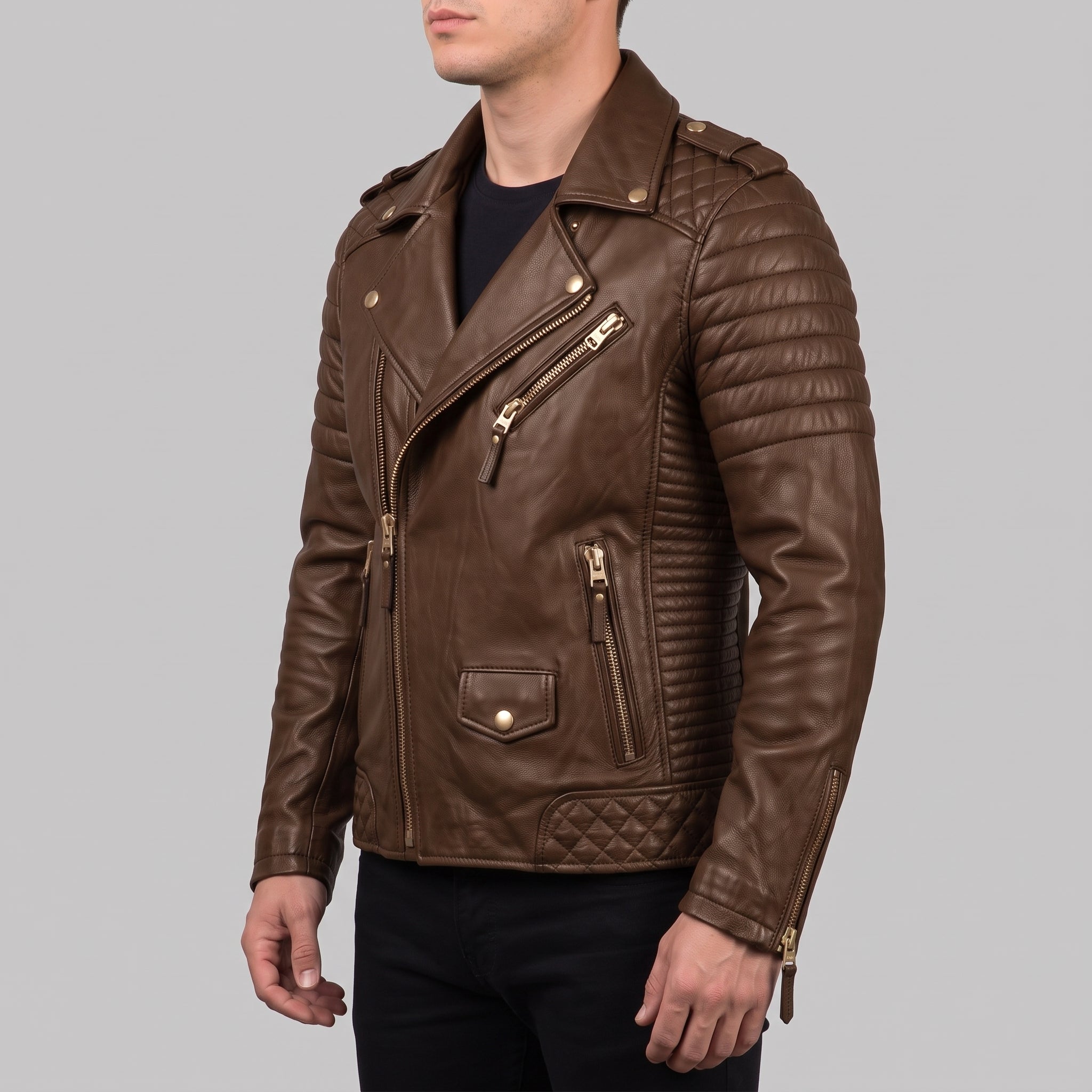 Men's Brown Quilted Leather Biker Jacket — Turberville