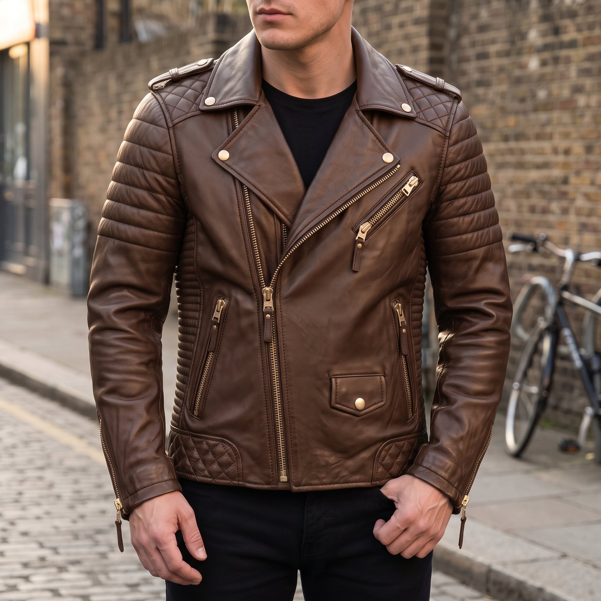 Men's Brown Quilted Leather Biker Jacket — Turberville