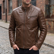 Men's Brown Quilted Leather Biker Jacket — Witney
