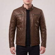 Men's Brown Quilted Leather Cafe Racer Jacket — Gedge
