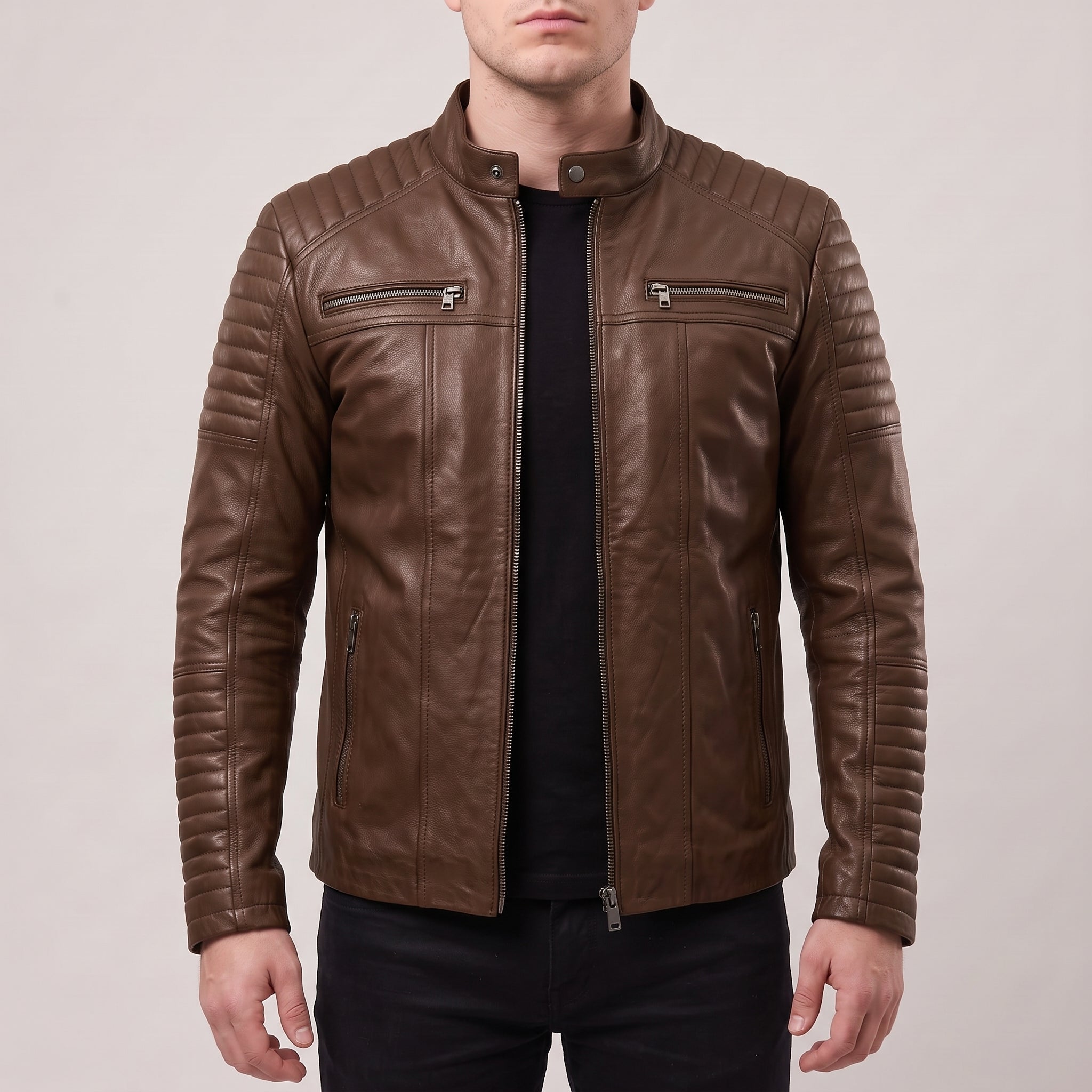 Men's Brown Quilted Leather Cafe Racer Jacket — Gedge