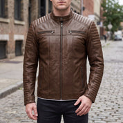 Men's Brown Quilted Leather Cafe Racer Jacket — Gedge