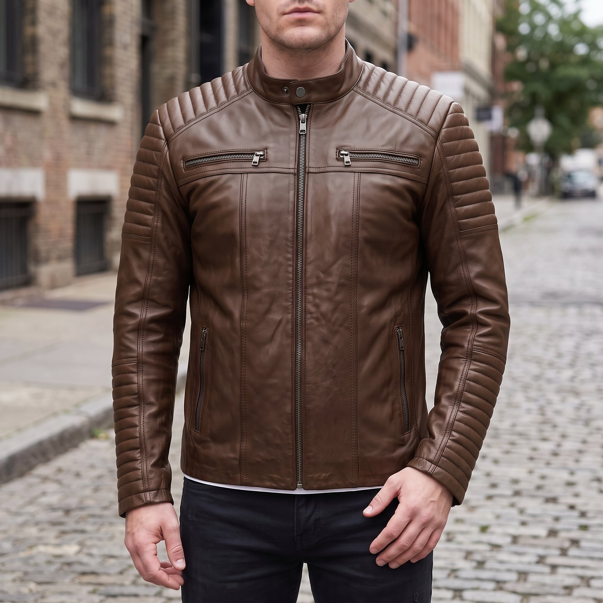 Men's Brown Quilted Leather Cafe Racer Jacket — Gedge