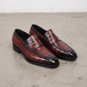 Men's Brown Reddish-Brown Alligator-Embossed Leather Apron-Toe Penny Loafers — Ashtead