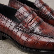 Men's Brown Reddish-Brown Alligator-Embossed Leather Apron-Toe Penny Loafers — Ashtead