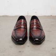 Men's Brown Reddish-Brown Alligator-Embossed Leather Apron-Toe Penny Loafers — Ashtead
