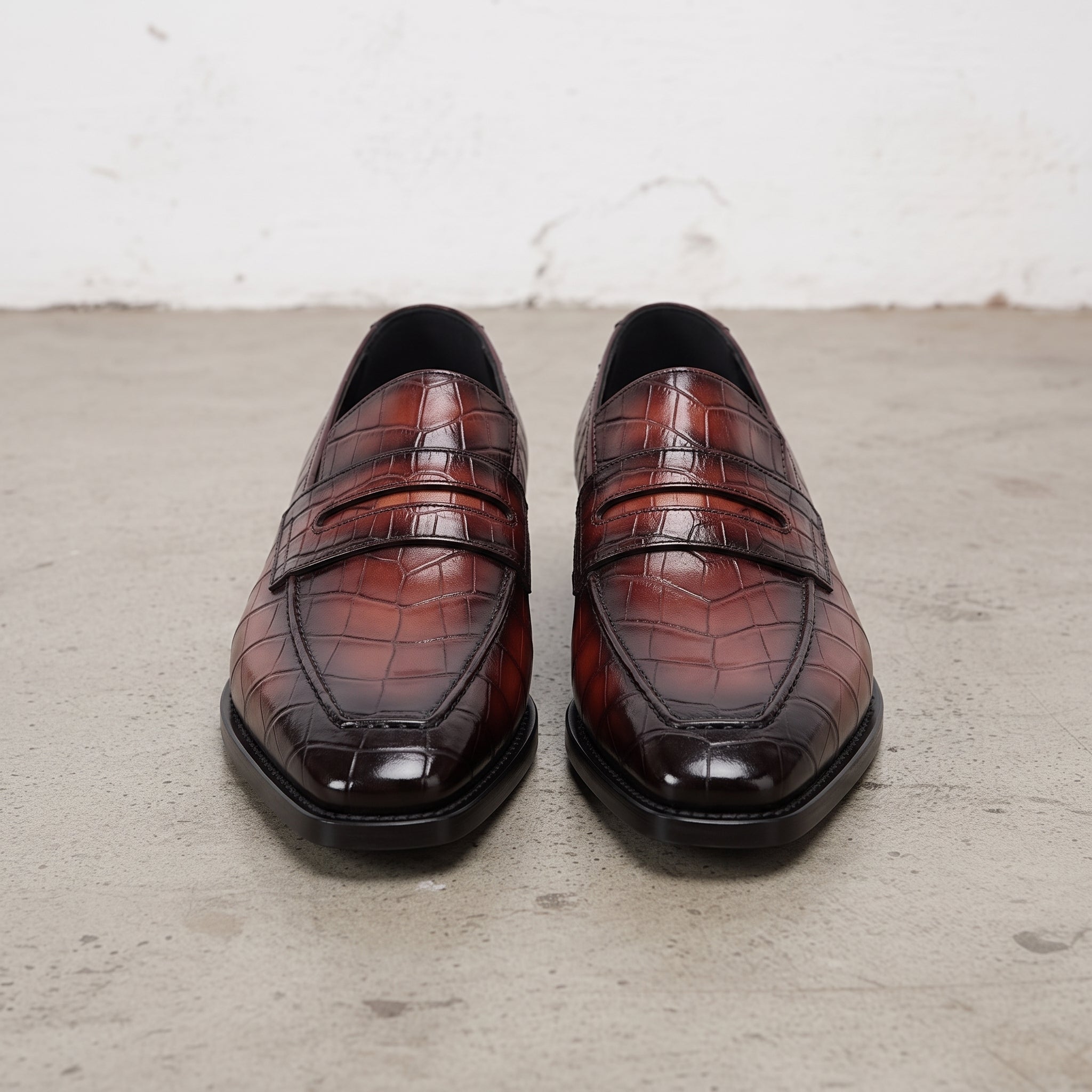 Men's Brown Reddish-Brown Alligator-Embossed Leather Apron-Toe Penny Loafers — Ashtead