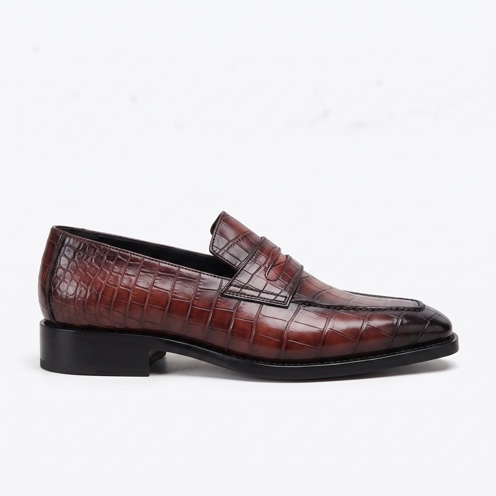 Men's Brown Reddish-Brown Alligator-Embossed Leather Apron-Toe Penny Loafers — Ashtead