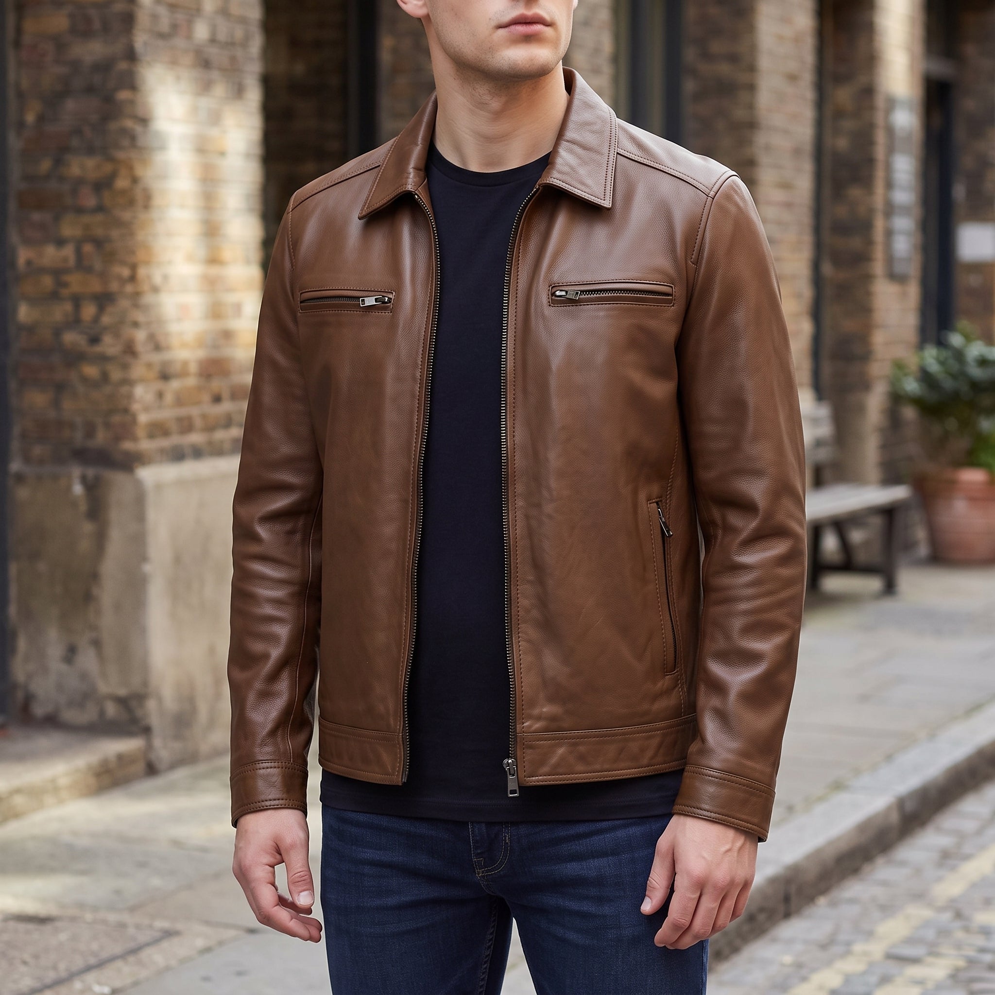 Men's Brown Shirt Collar Leather Biker Jacket — Bedminster