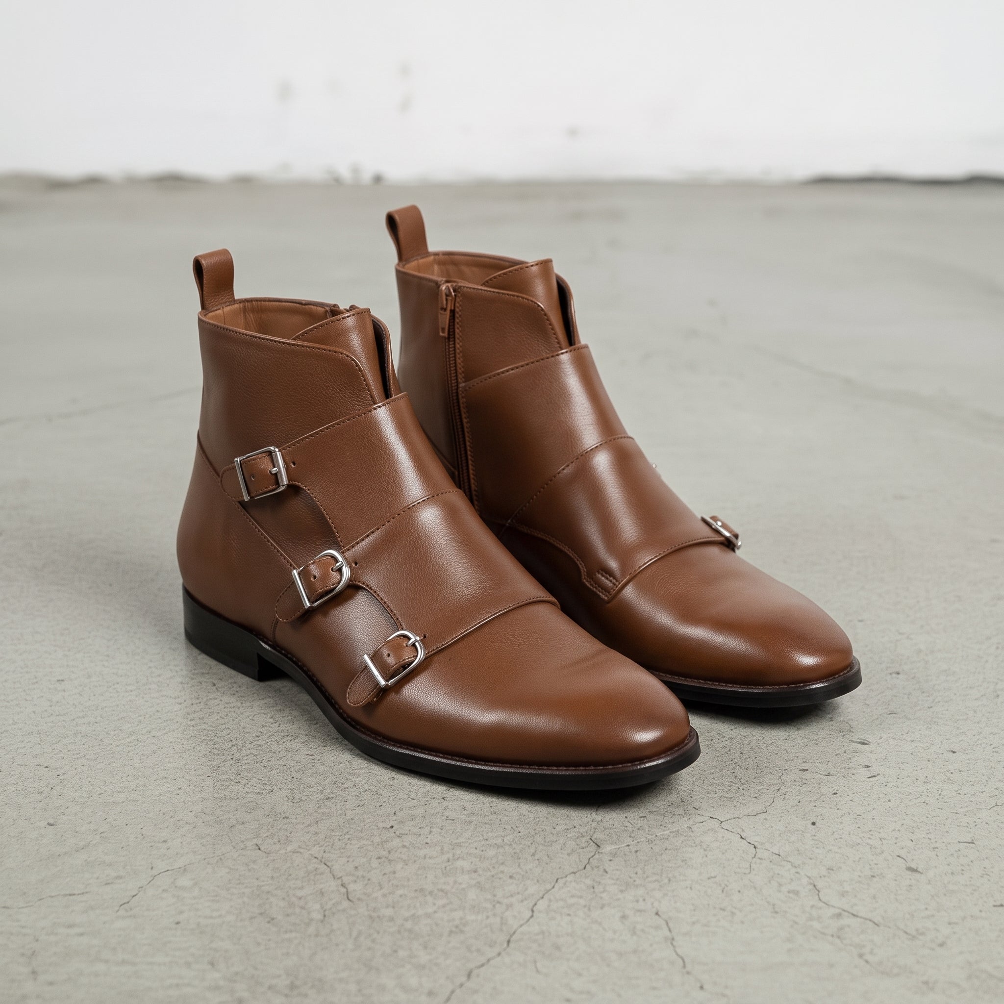 Men's Brown Side-Zip Leather Double Monk Ankle Boots — Fovant