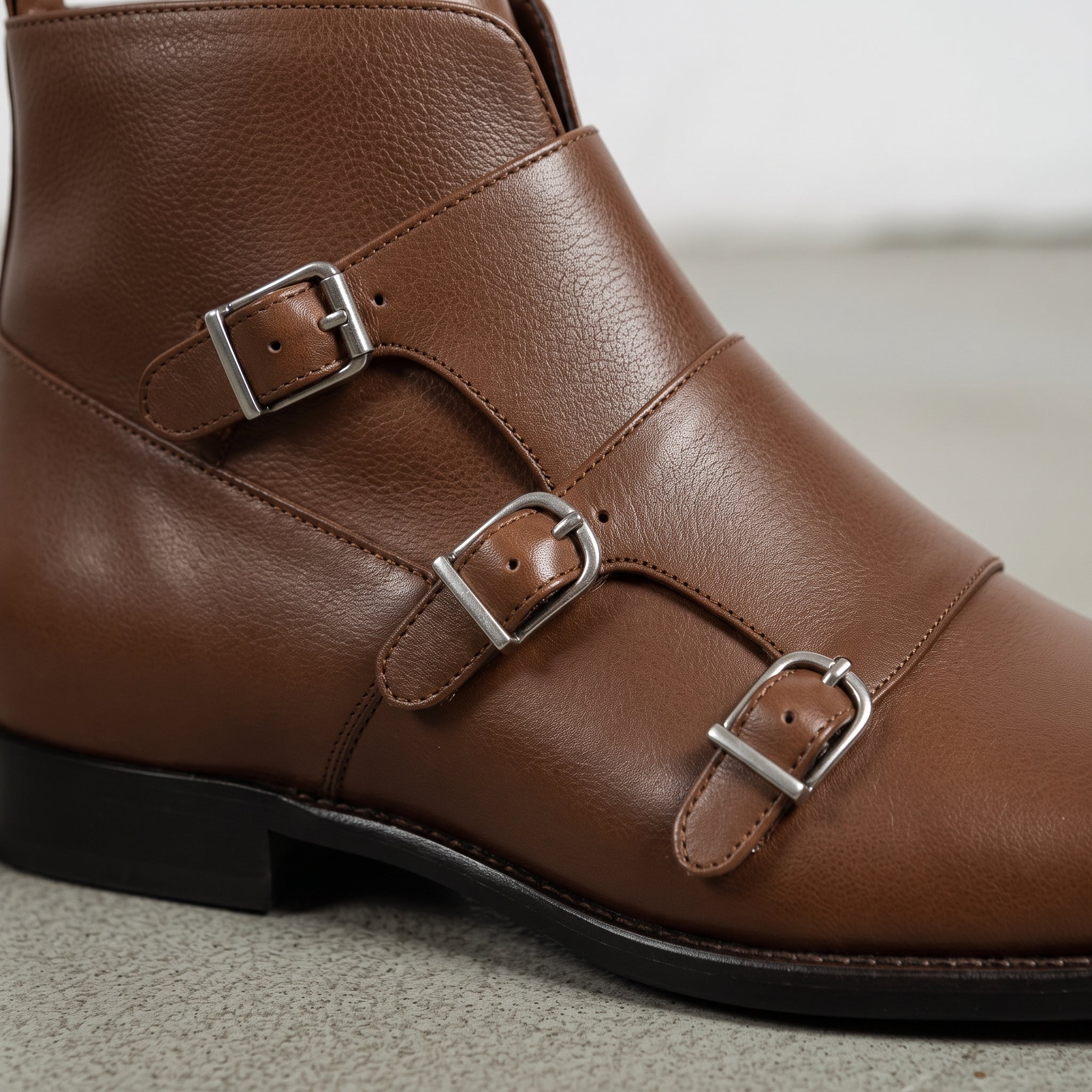 Men's Brown Side-Zip Leather Double Monk Ankle Boots — Fovant