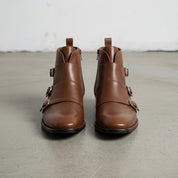 Men's Brown Side-Zip Leather Double Monk Ankle Boots — Fovant
