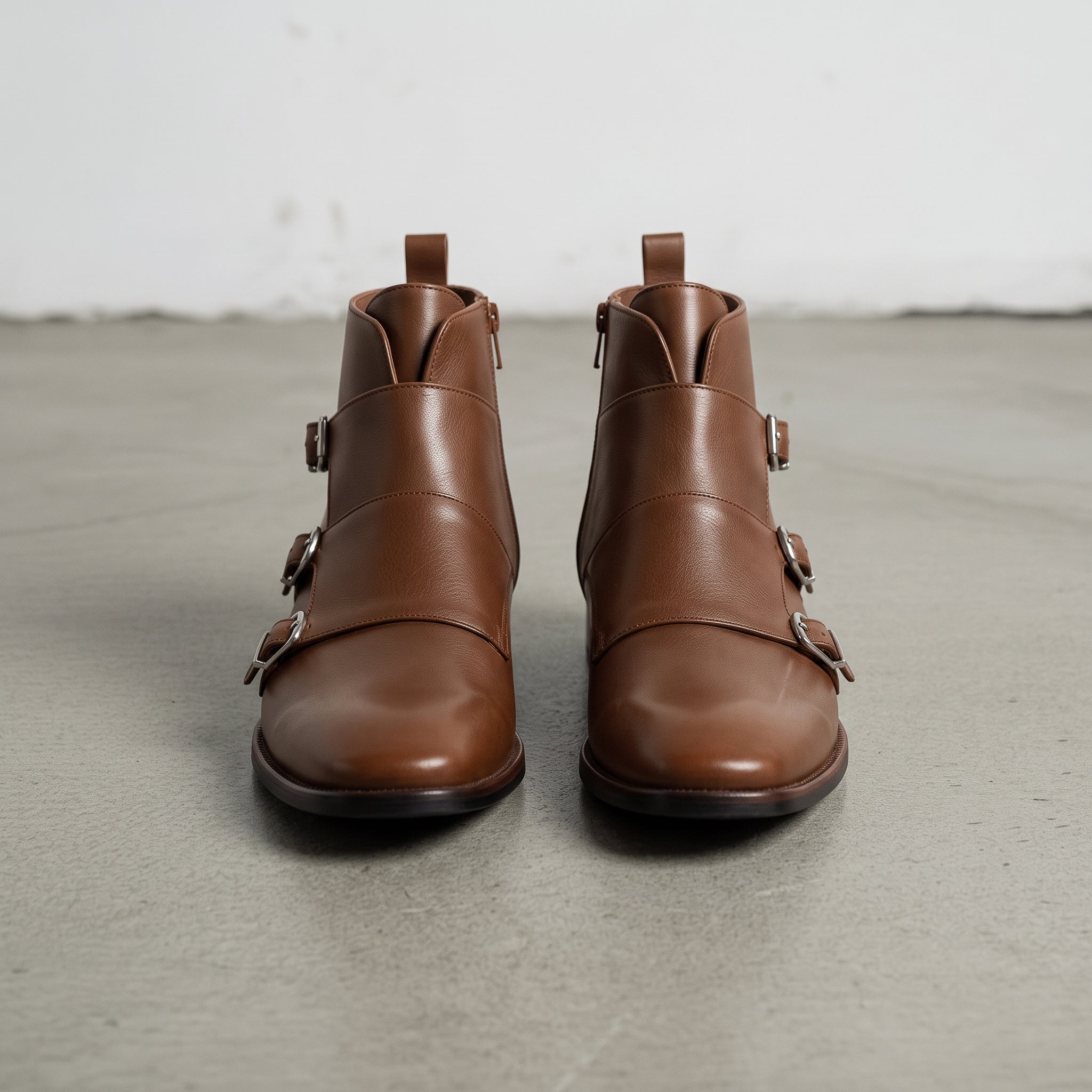Men's Brown Side-Zip Leather Double Monk Ankle Boots — Fovant