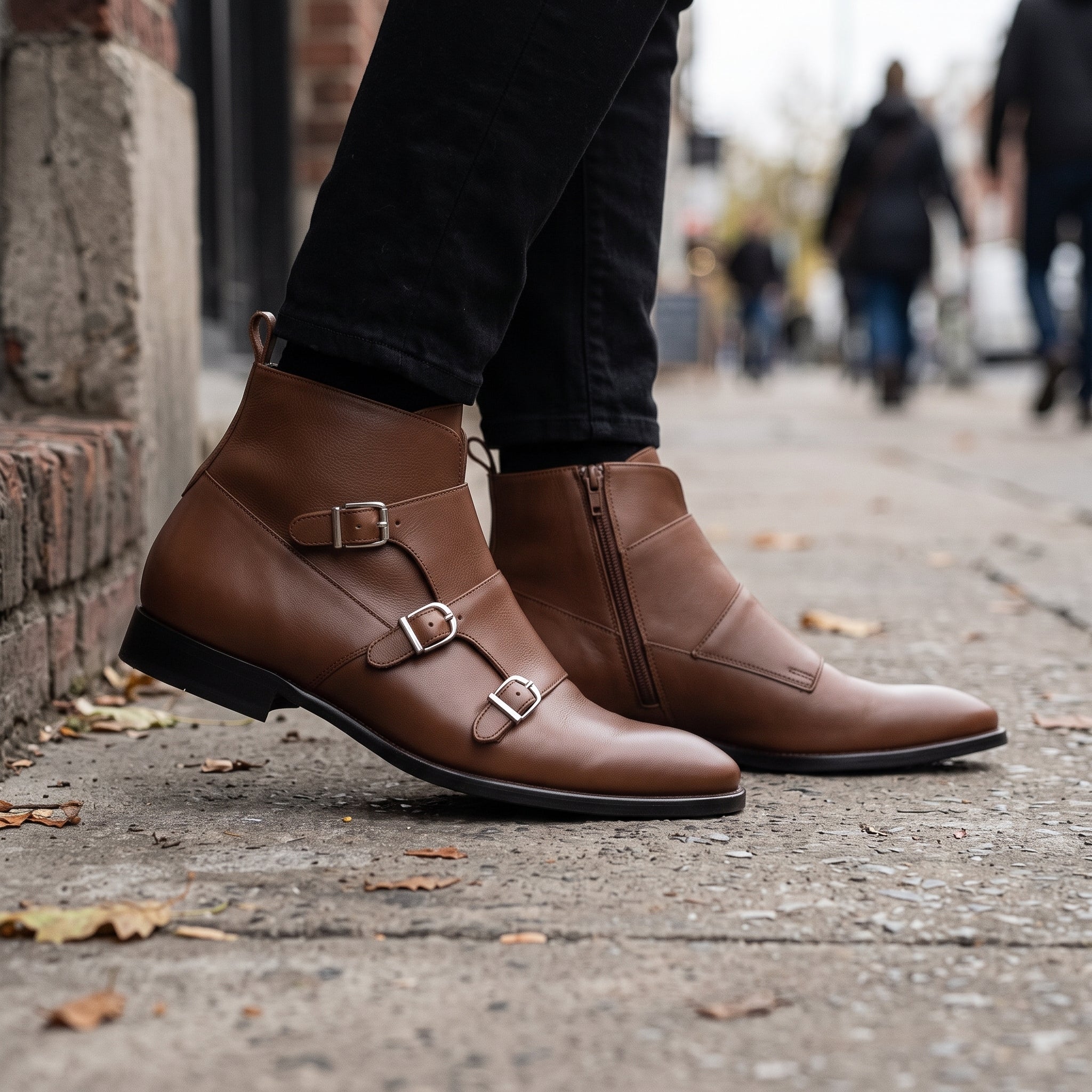 Men's Brown Side-Zip Leather Double Monk Ankle Boots — Fovant