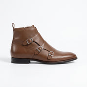 Men's Brown Side-Zip Leather Double Monk Ankle Boots — Fovant