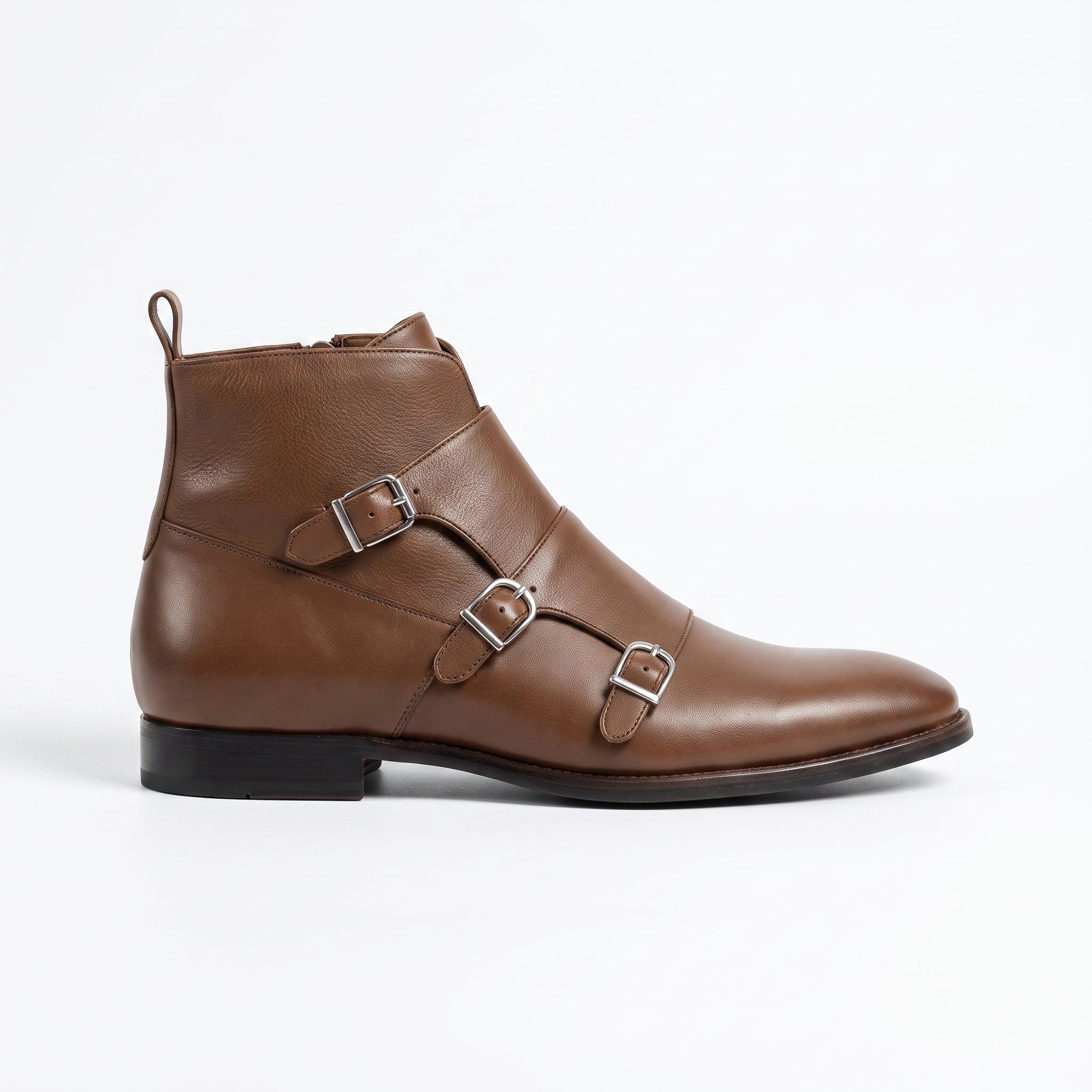 Men's Brown Side-Zip Leather Double Monk Ankle Boots — Fovant