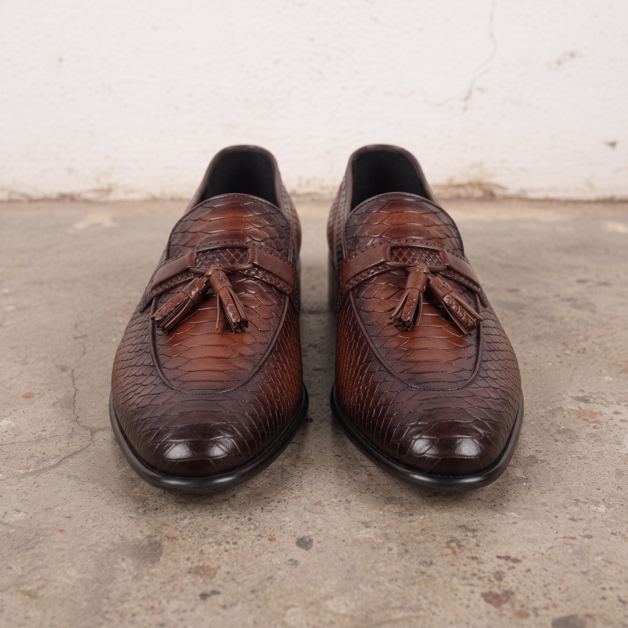 Men's Brown Snake-Print Leather Tassel Loafers — Woodstock