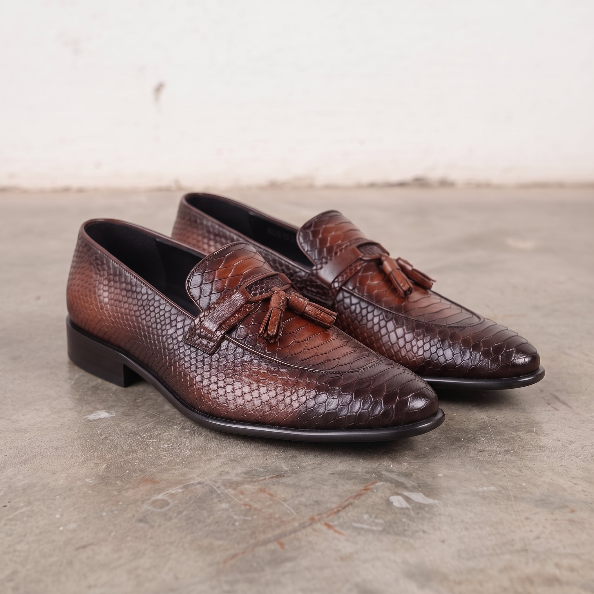 Men's Brown Snake-Print Leather Tassel Loafers — Woodstock