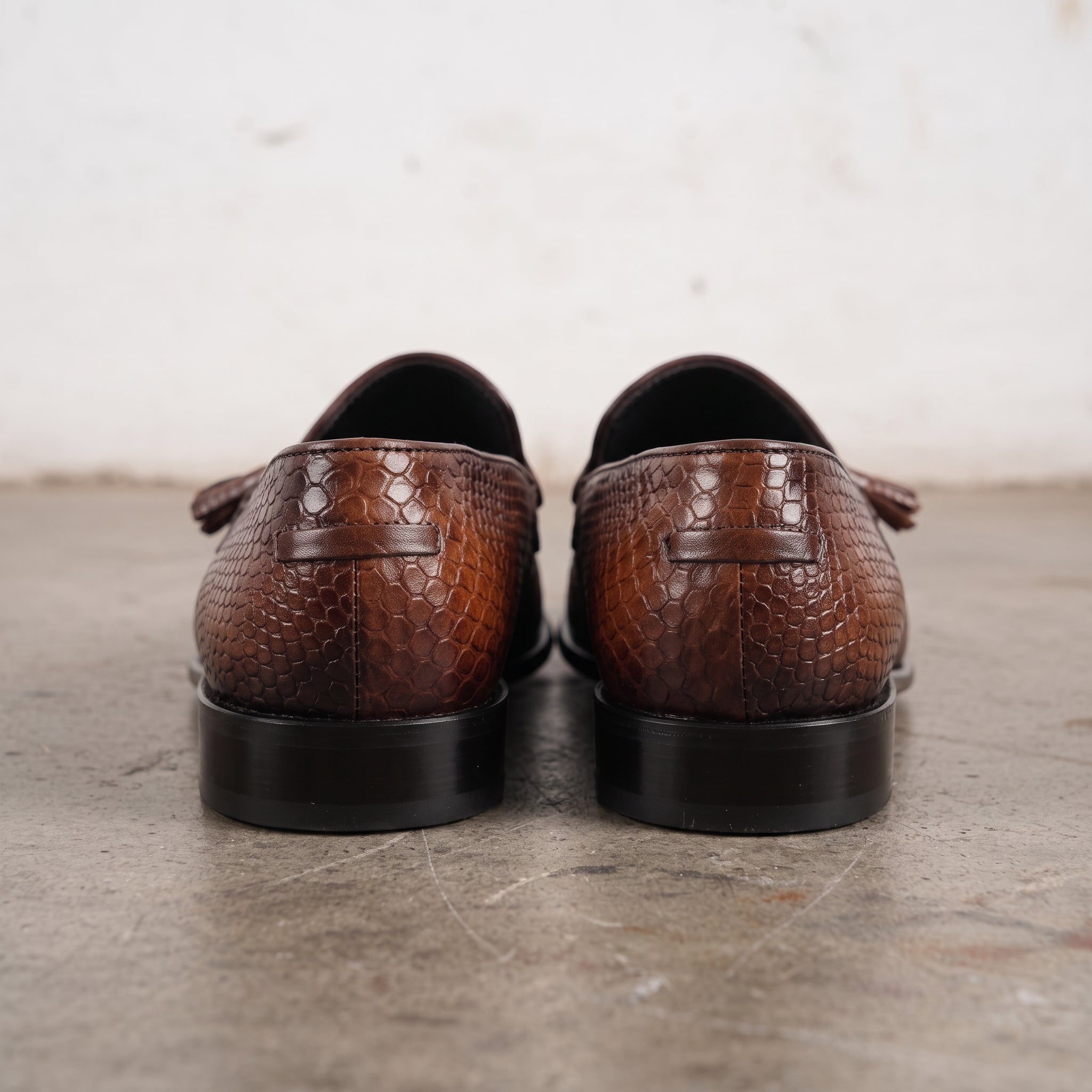 Men's Brown Snake-Print Leather Tassel Loafers — Woodstock