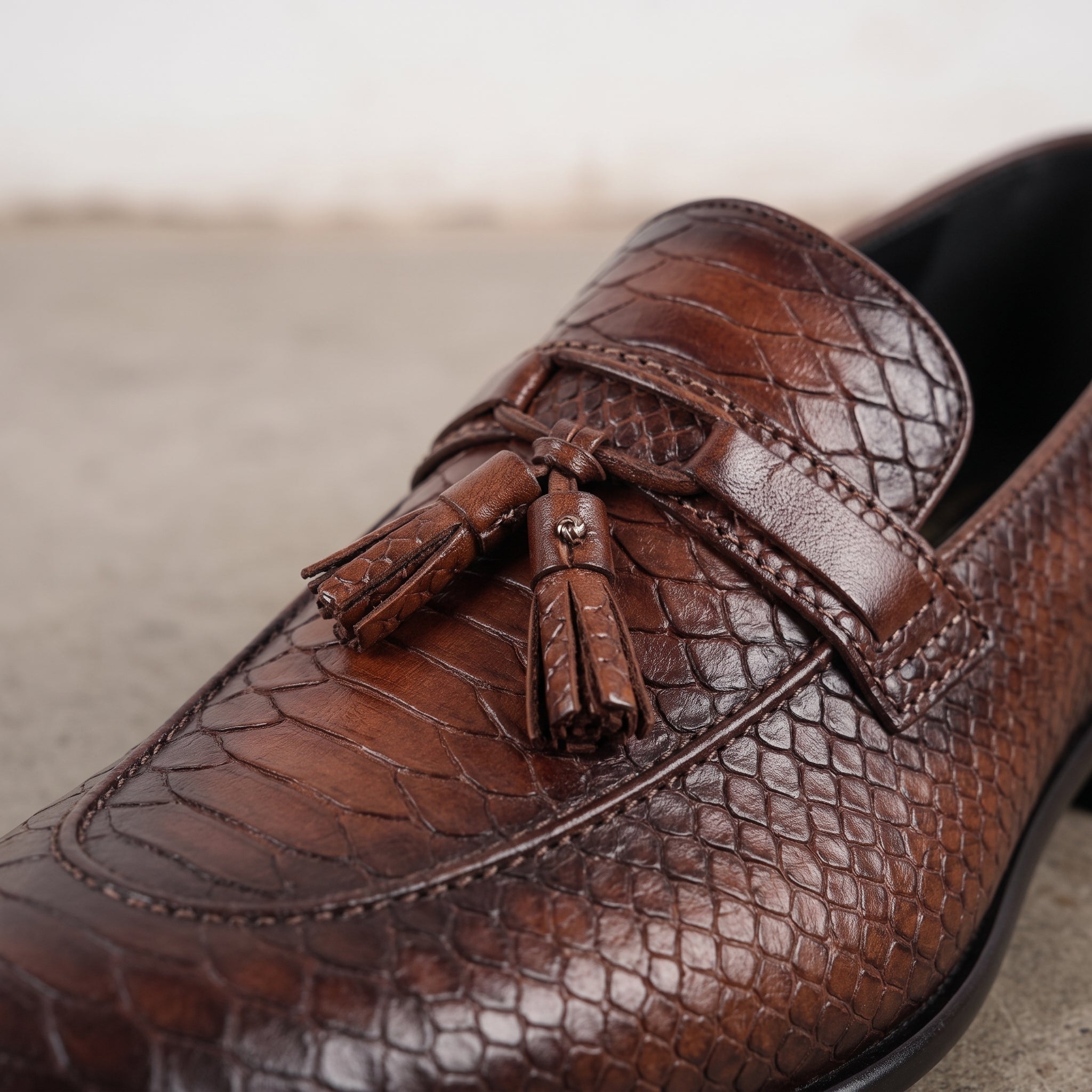 Men's Brown Snake-Print Leather Tassel Loafers — Woodstock