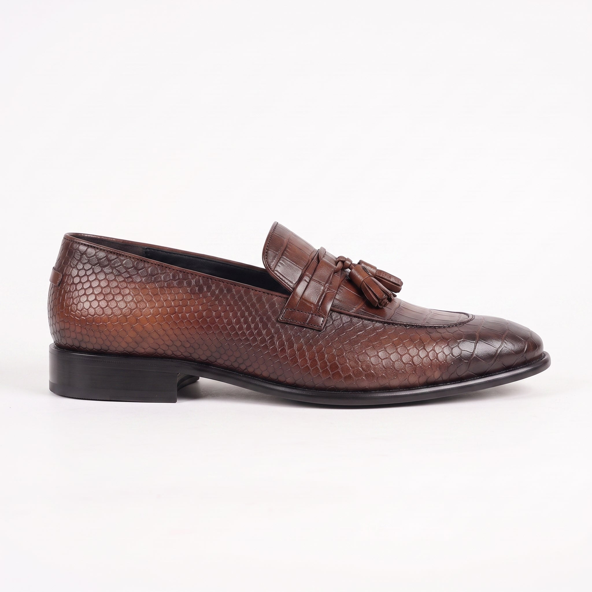 Men's Brown Snake-Print Leather Tassel Loafers — Woodstock