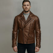 Men's Brown Studded Leather Biker Jacket — Carroll