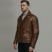 Men's Brown Studded Leather Biker Jacket — Carroll