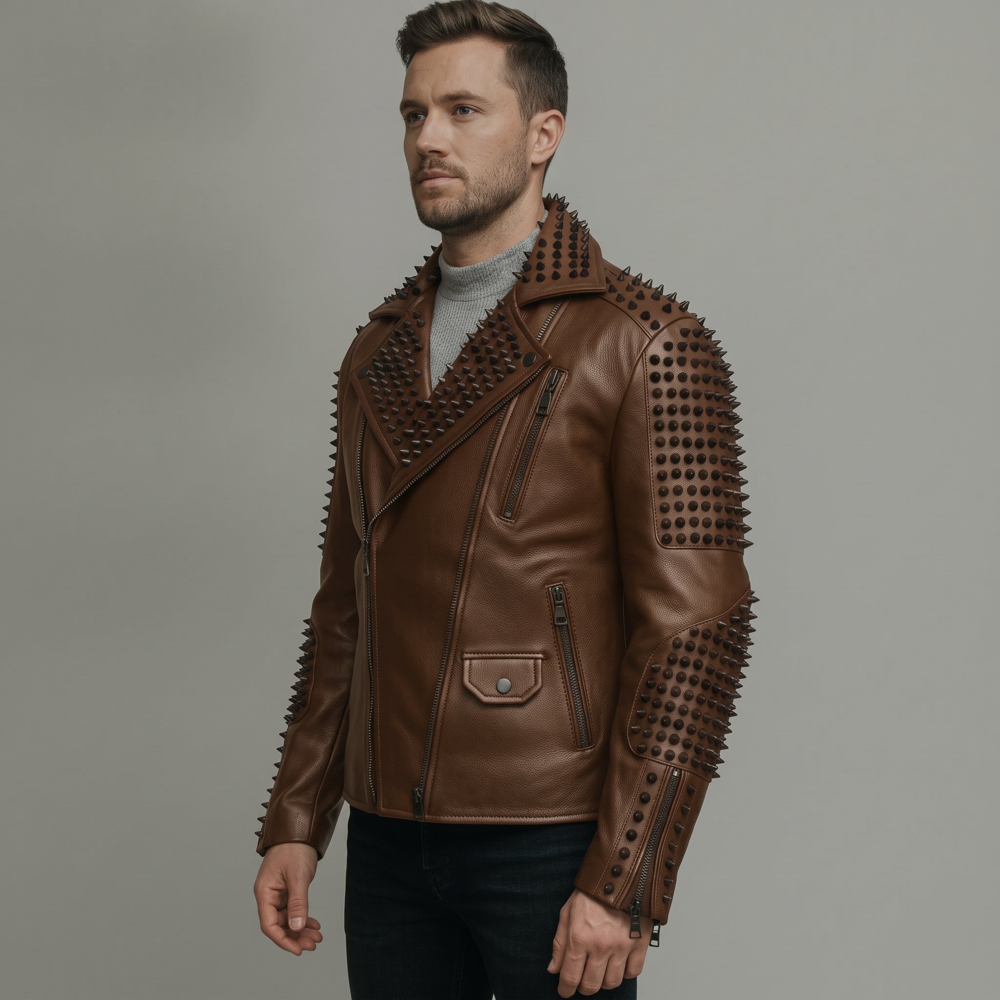 Men's Brown Studded Leather Biker Jacket — Carroll