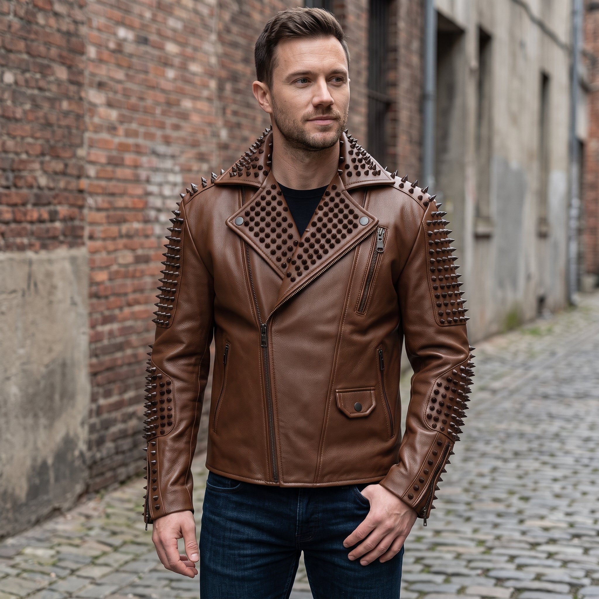 Men's Brown Studded Leather Biker Jacket — Carroll