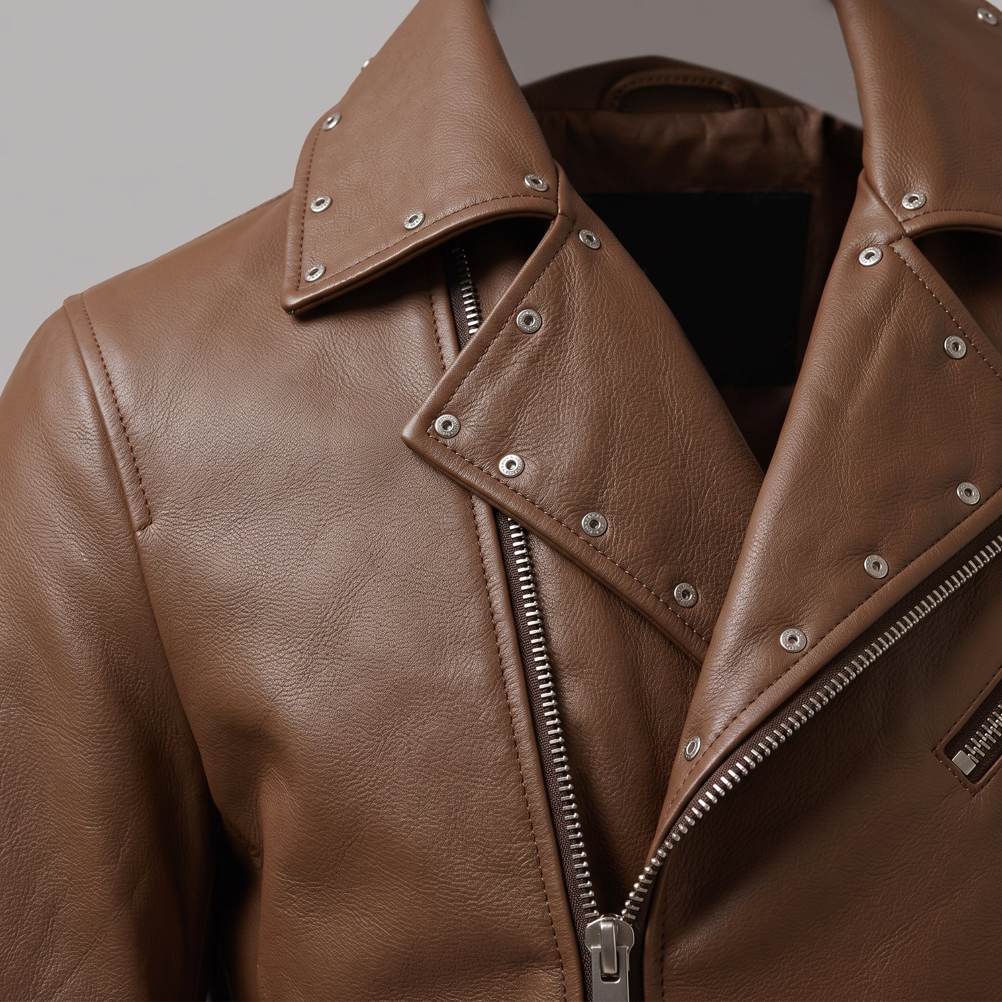 Men's Brown Studded Leather Biker Jacket — Fossett