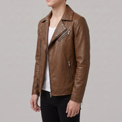 Men's Brown Studded Leather Biker Jacket — Fossett