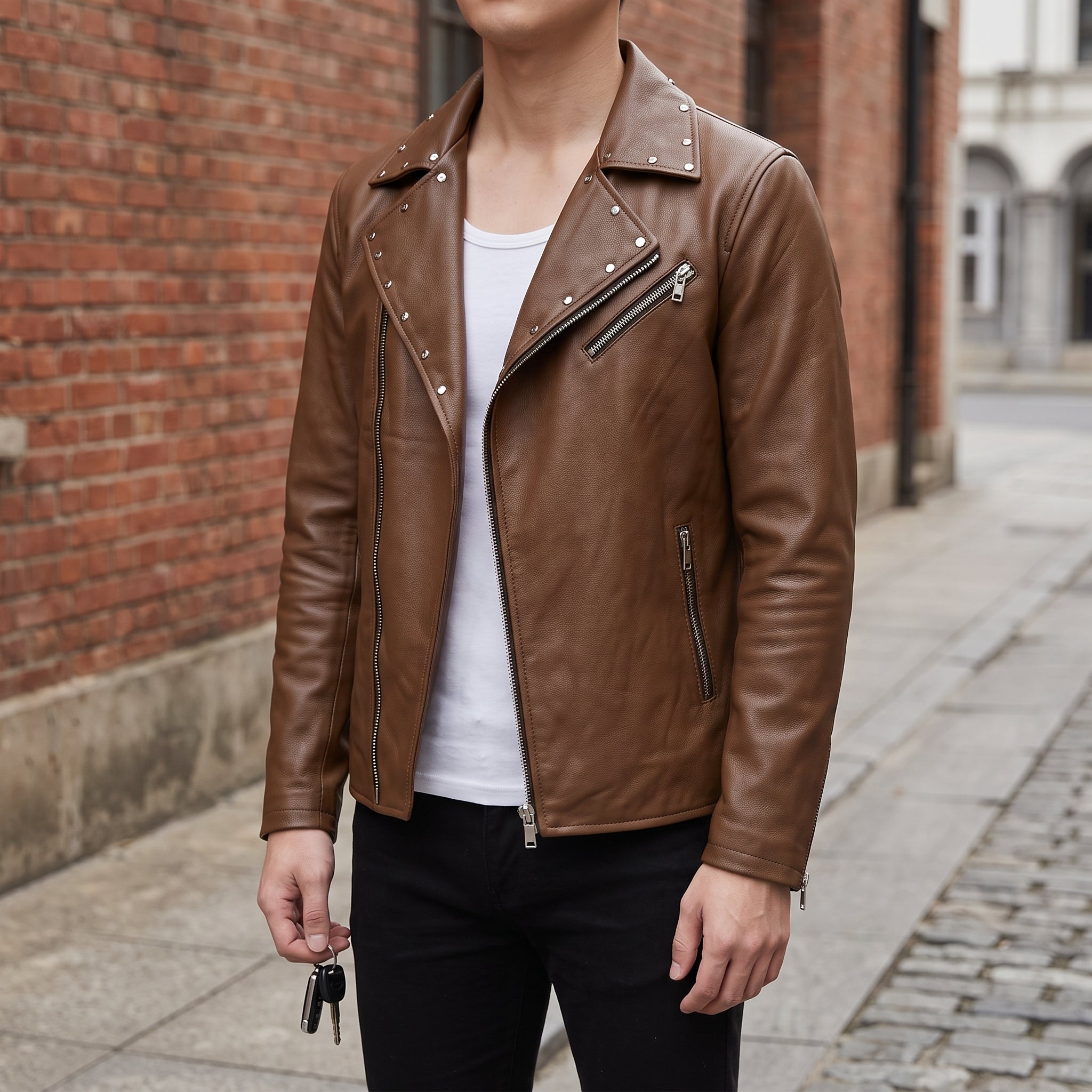 Men's Brown Studded Leather Biker Jacket — Fossett