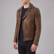 Men's Brown Studded Leather Biker Jacket — Lockwood