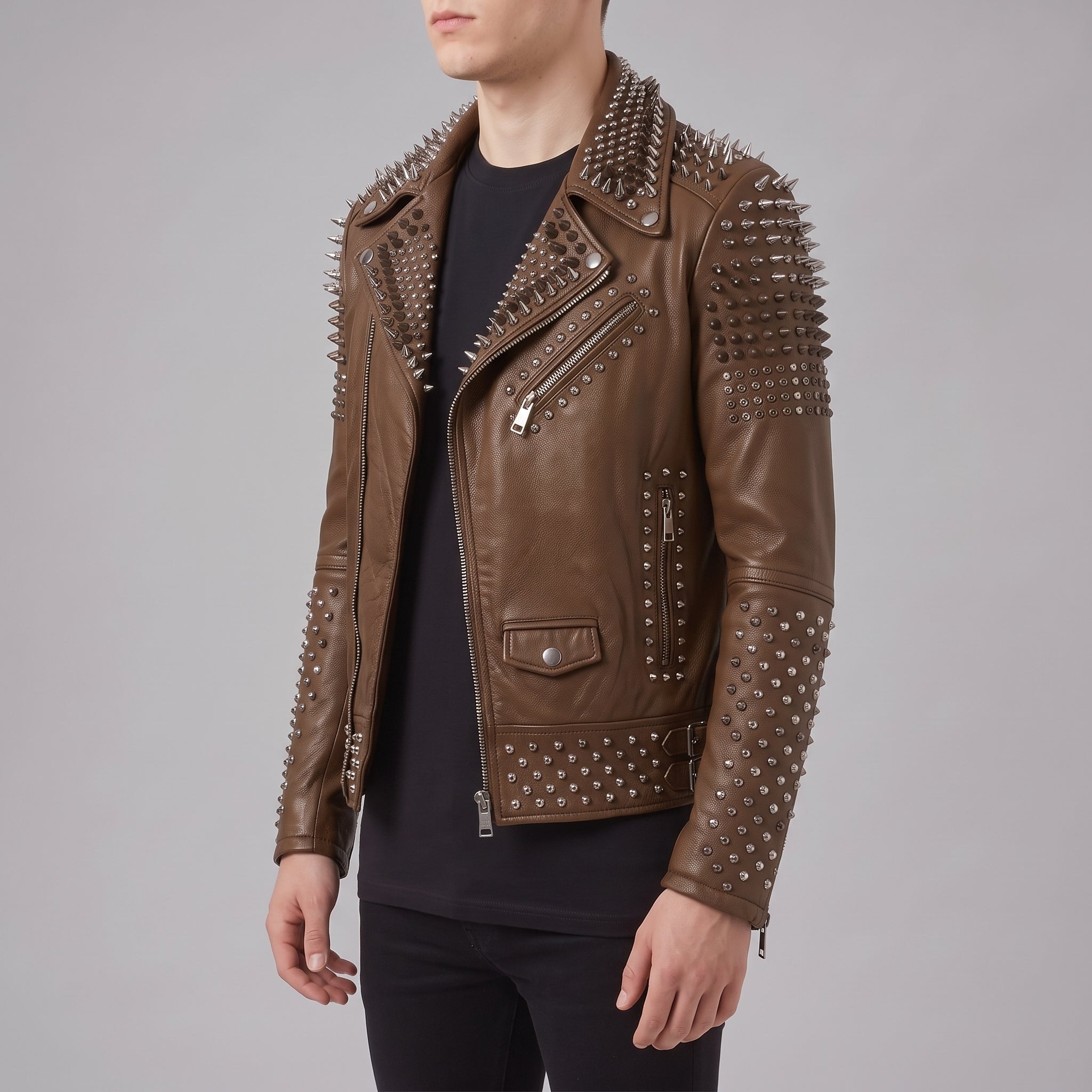 Men's Brown Studded Leather Biker Jacket — Lockwood