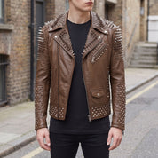 Men's Brown Studded Leather Biker Jacket — Lockwood