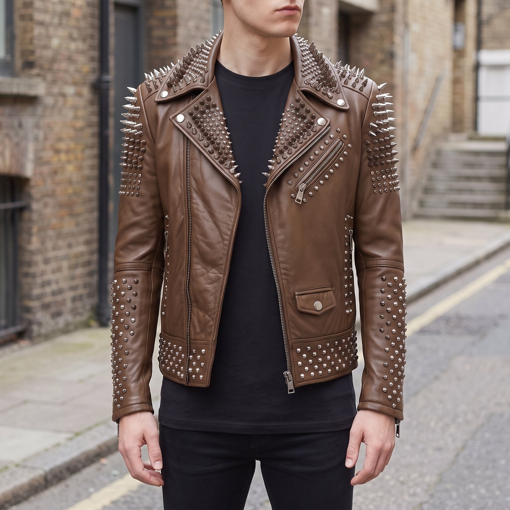 Men's Brown Studded Leather Biker Jacket — Lockwood