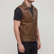 Men's Brown Studded Leather Biker Vest — Tiverton
