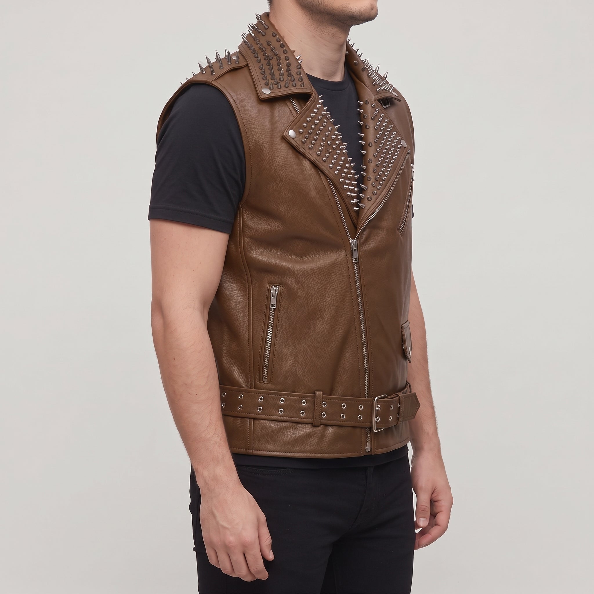 Men's Brown Studded Leather Biker Vest — Tiverton