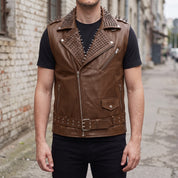 Men's Brown Studded Leather Biker Vest — Tiverton