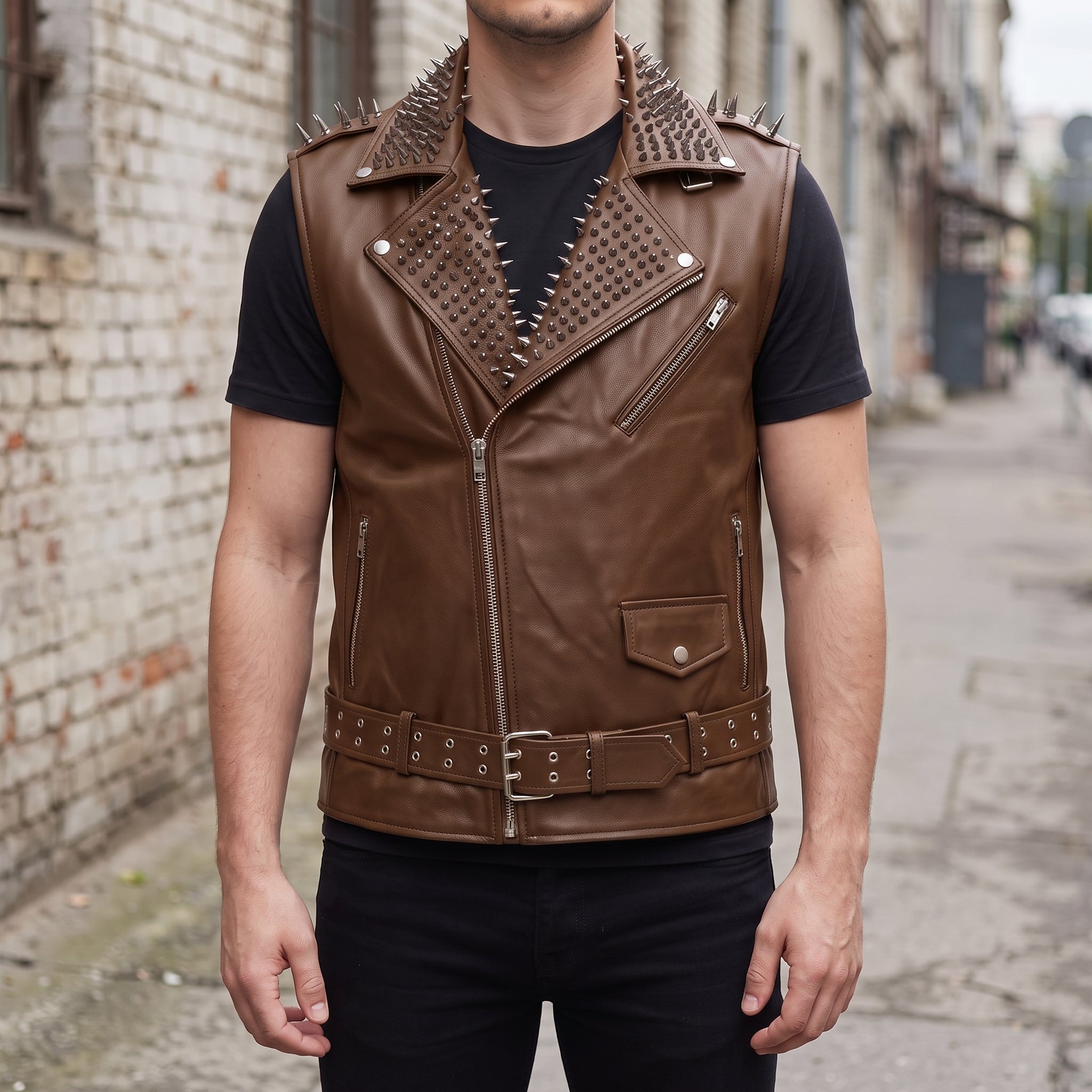 Men's Brown Studded Leather Biker Vest — Tiverton