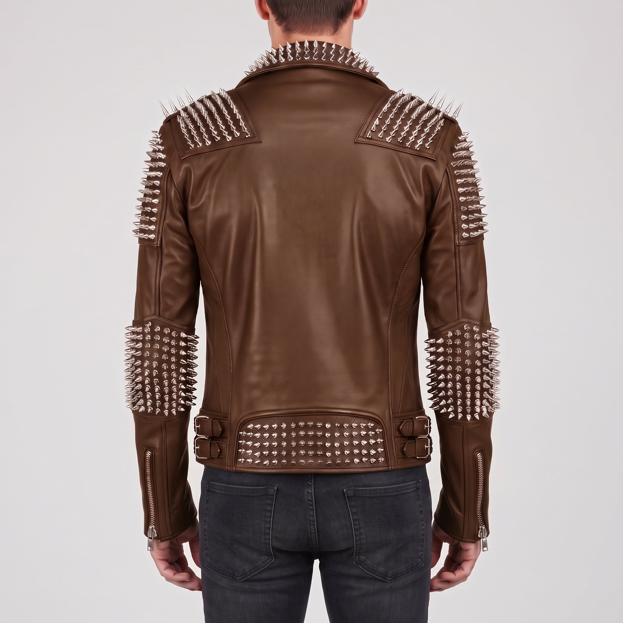 Men's Brown Studded Leather Perfecto Biker Jacket — Arbury
