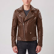 Men's Brown Studded Leather Perfecto Biker Jacket — Arbury