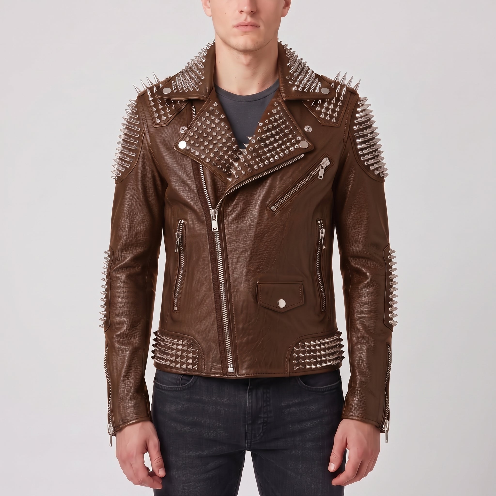 Men's Brown Studded Leather Perfecto Biker Jacket — Arbury