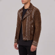 Men's Brown Studded Suede Biker Jacket — Ainstable