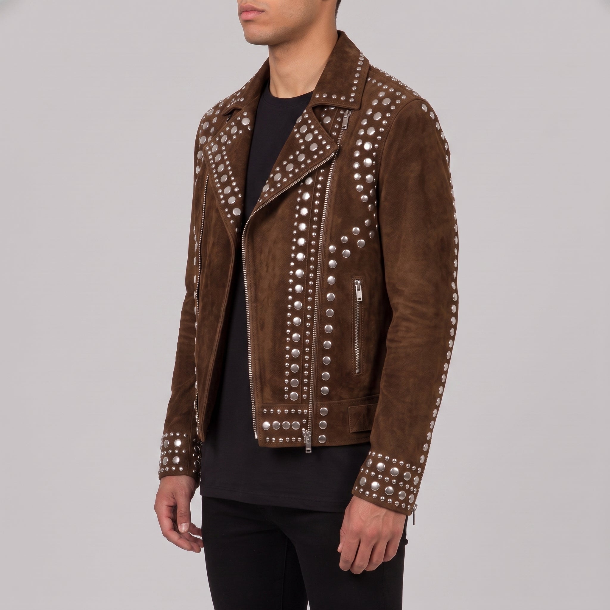 Men's Brown Studded Suede Biker Jacket — Ainstable