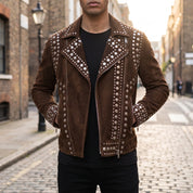 Men's Brown Studded Suede Biker Jacket — Ainstable