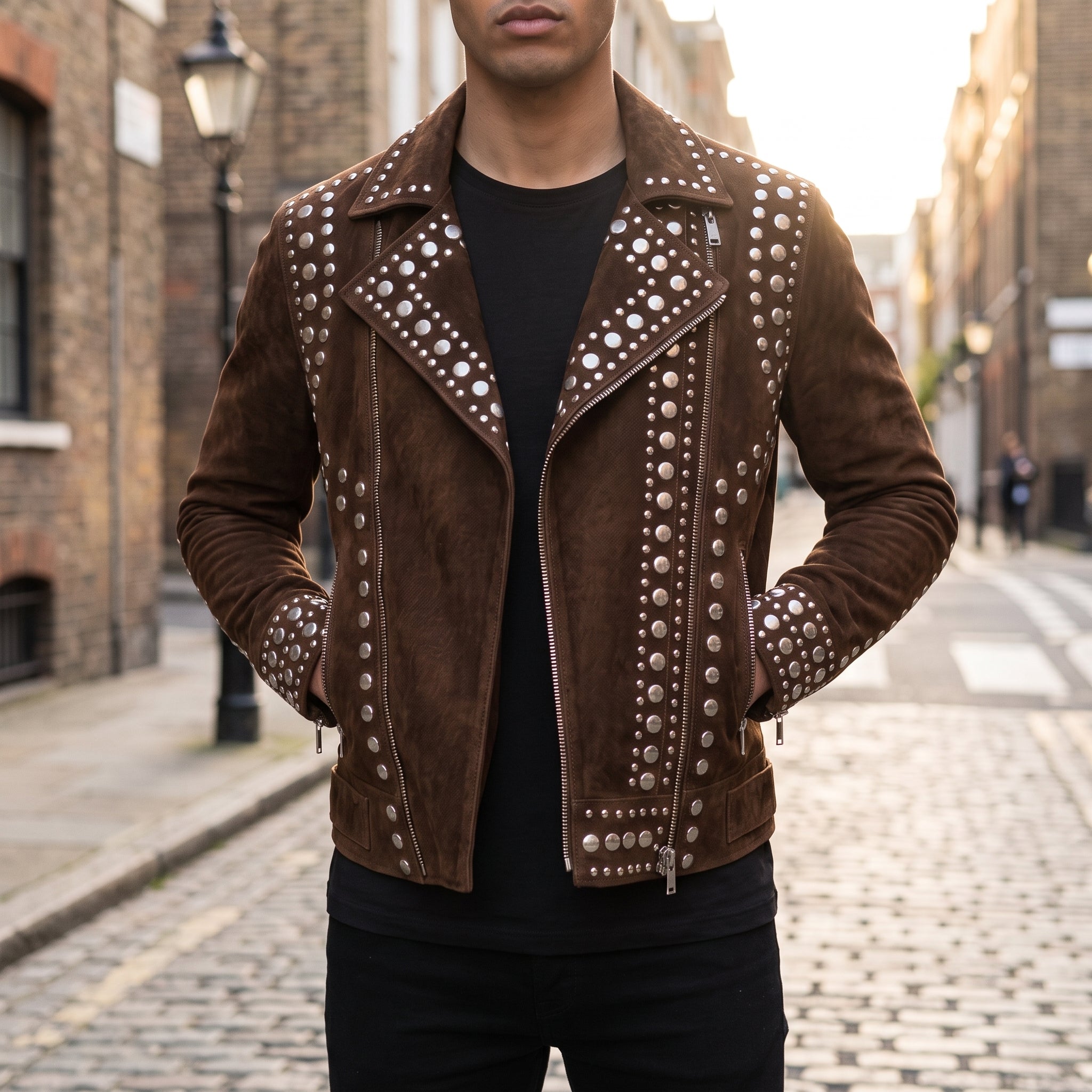 Men's Brown Studded Suede Biker Jacket — Ainstable