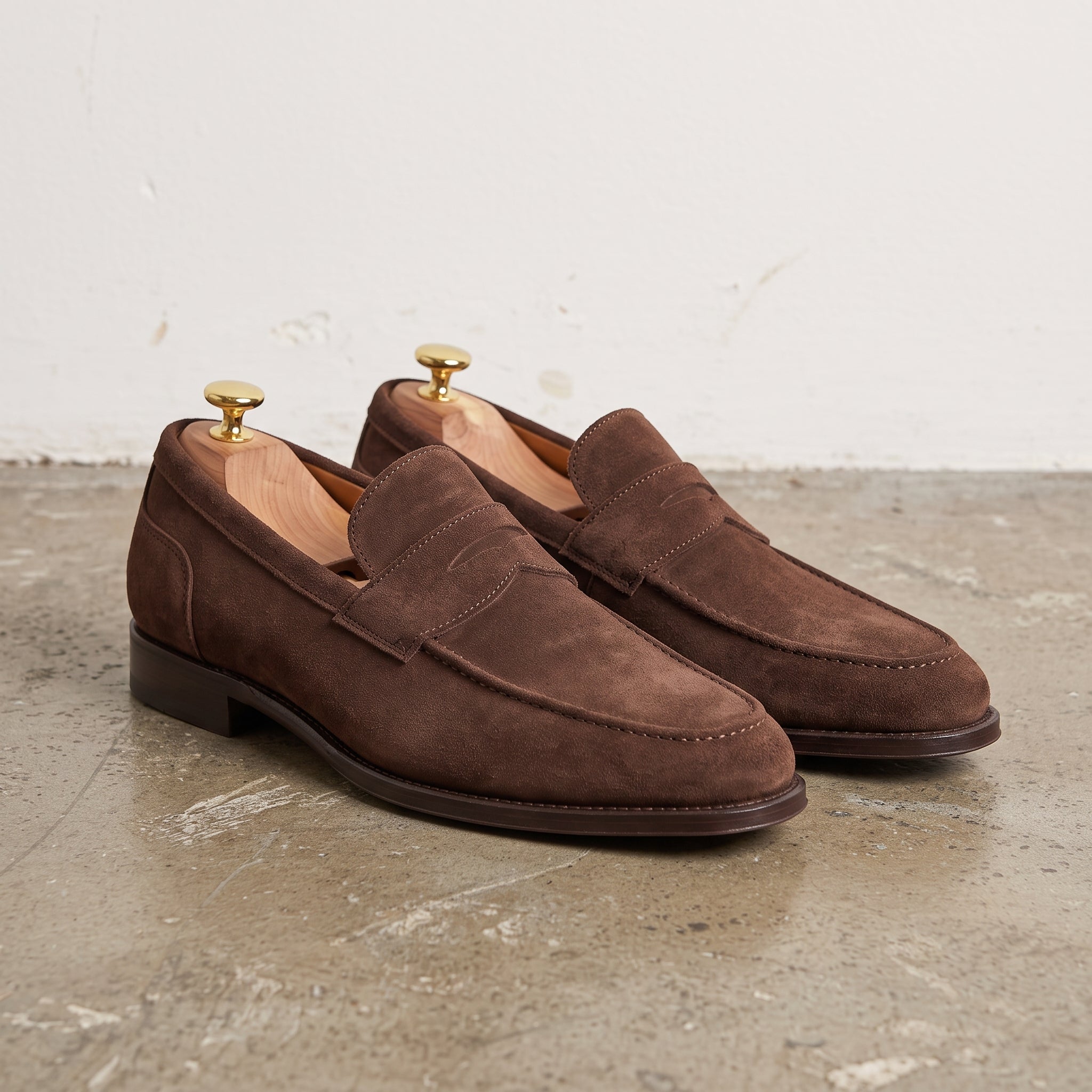 Men's Brown Suede Apron-Toe Penny Loafers — Amport