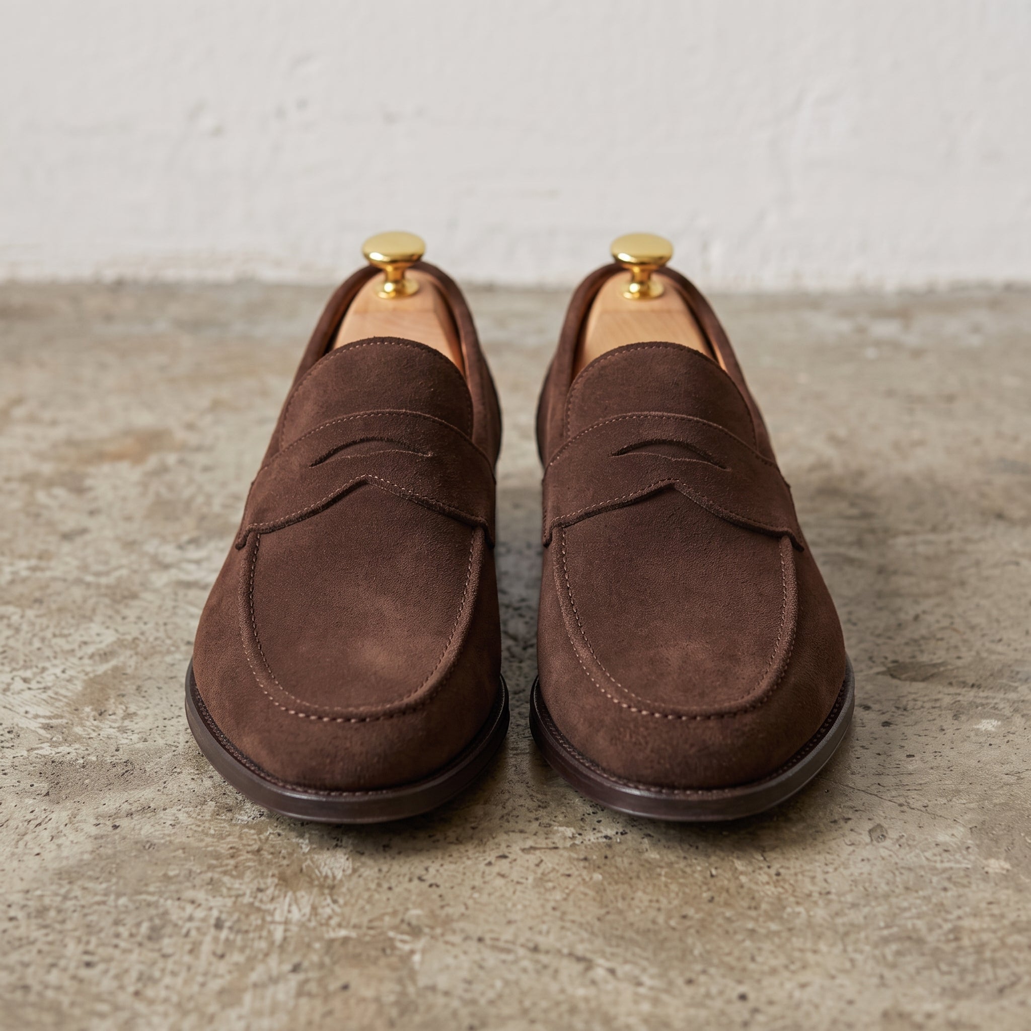 Men's Brown Suede Apron-Toe Penny Loafers — Amport